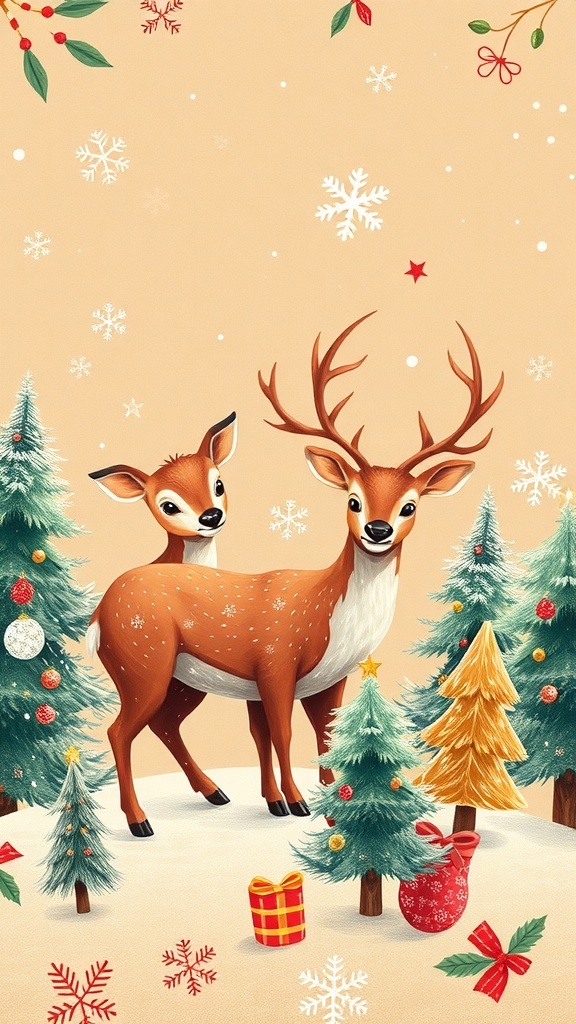 Festive wallpaper design with cute deer, snowflakes, and Christmas trees.